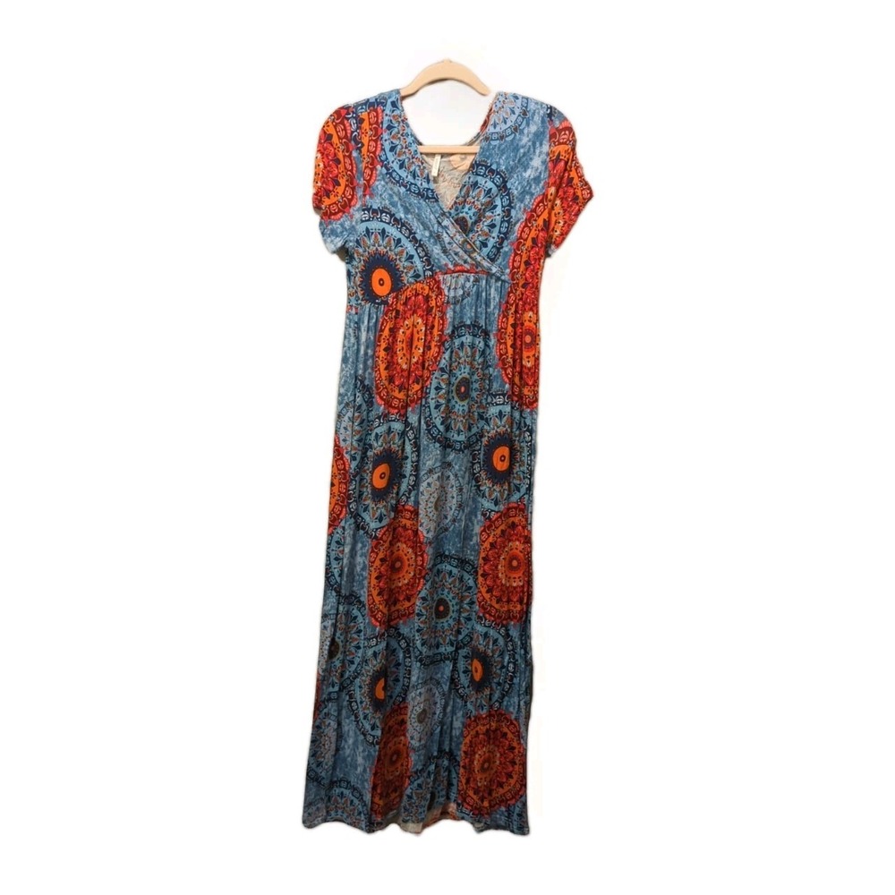 Boho Medallion Maxi Dress Empire waist Summer Vacation Mandala Flowy stretch M